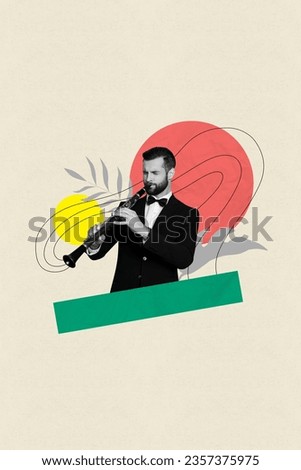 Vertical creative composite abstract photo collage of handsome musician play on clarinet in vintage club isolated on drawing background