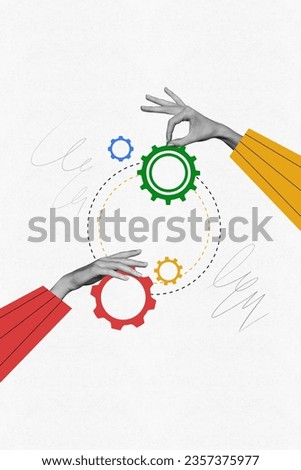 Vertical creative composite abstract photo collage of human fingers holding gears starting mechanism isolated on white color background Royalty-Free Stock Photo #2357375977