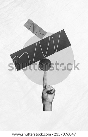Vertical collage image of black white effect arm finger hold pile stack geometric figures balance isolated on paper background