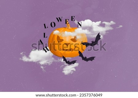 Collage 3d image of pinup pop retro sketch of pumpkin head carved face smile bats clouds halloween party surrealism template psychedelic