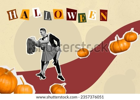 3d retro abstract creative artwork template collage of attractive female male dancing tango couple dating halloween party magazine