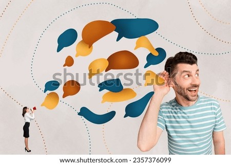 Collage creative 3d photo of funky guy hand touch ear listen announcement news boss businesswoman speaking bullhorn