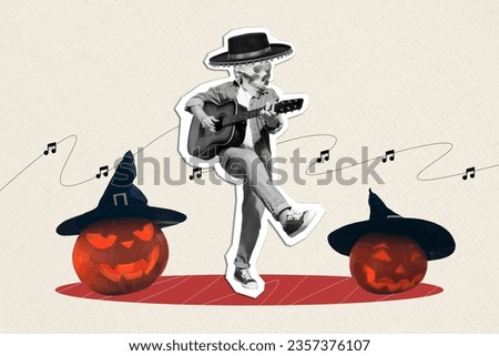Picture collage image of unknown unusual character no face playing guitar halloween festive concert isolated on drawing background