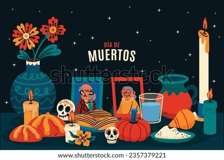 Dia de muertos background. English Translation - Day of the Dead. Mexican Dia de muertos celebration. November 2. Vector illustration. Poster, Banner, Flyer, Greeting Card, Invitation Card, Template. Royalty-Free Stock Photo #2357379221