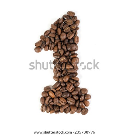 The number one from roasted coffee beans. Isolated. White background.