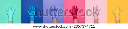 Set of hands in medical gloves on color background Royalty-Free Stock Photo #2357394711