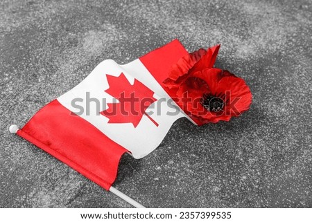Poppy flowers and flag of Canada on grunge grey background. Remembrance Day