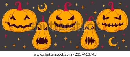 Set pumpkin on the black background. Orange pumpkin with smile for your design for the holiday Halloween. Flat Vector illustration.