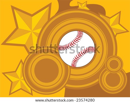 Stylized background vector illustration with a baseball, circles and stars