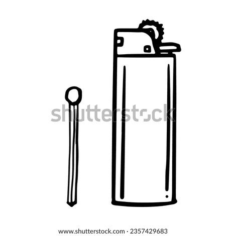 Plastic gas lighter and match. Simple lighter isolated on white background. Blank cigarette lighter. Doodle vector illustration.