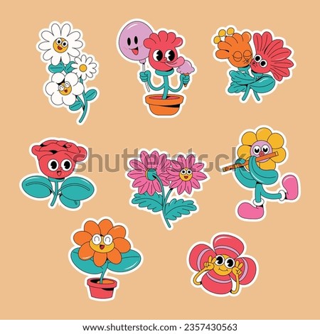 Funny flower groove characters. Funny with eyes and a smile. Set of stickers in trendy retro style. Isolated vector illustration. Hippie in the style of the 60s, 70s.