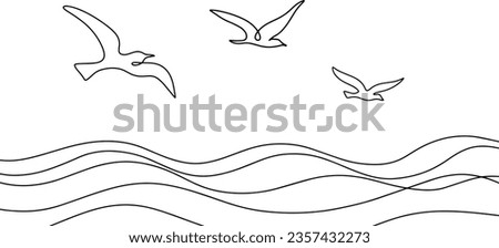 Seagulls fly over the surface of the sea. Small waves. World Maritime Day. One line drawing for different uses. Vector illustration.