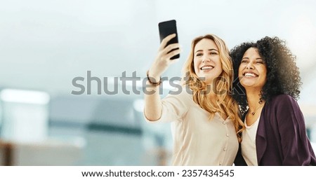 Business, couple of friends and women in selfie, banner and happy with social media post, corporate team and diversity. Mockup space, smile in picture and memory with employees, photography and trust