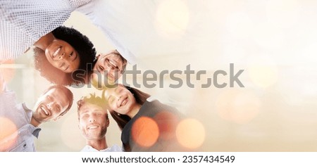 Business people, huddle and diversity, team with banner and low angle, smile in portrait with mission and trust. Mockup space, bokeh and strategy with support, collaboration and corporate group Royalty-Free Stock Photo #2357434549