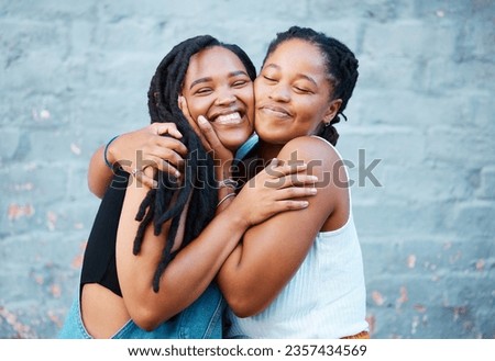 Happy, hug and black friends in the city while on summer vacation together in south africa. Happiness, smile and african women embracing, bonding with affection on the urban street on holiday. Royalty-Free Stock Photo #2357434569