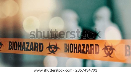 Warning, tape and danger, biohazard and health, infection and barrier with bokeh, blurred background and science. Caution, biology and threat with medical crisis, safety with protection and toxic Royalty-Free Stock Photo #2357434791