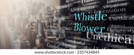 Whistleblower, information and secret text on banner on city overlay for corporate crime, fraud and corruption. Confidential info, privacy report and disclosure in public interest or legal protection