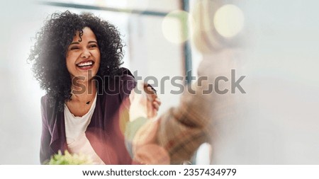 Business woman, handshake and thank you with happy deal and bokeh with communication. Office agreement and employee contract with professional discussion and worker with startup and mockup space Royalty-Free Stock Photo #2357434979