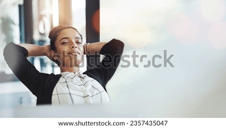 Business woman, relax in office and peace with corporate attorney, wellness and banner with mockup space. Rest, sleep and lawyer on break, bokeh and meditation with mindfulness in the workplace