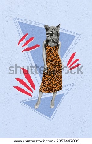 Picture painted image retro collage of unusual beautiful creature girl leopard head instead face isolated on blue color background