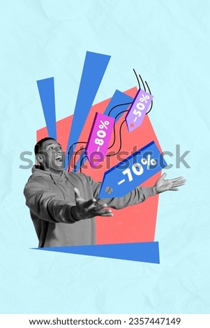 Collage image of excited funky guy catching falling discounts isolated turquoise color background
