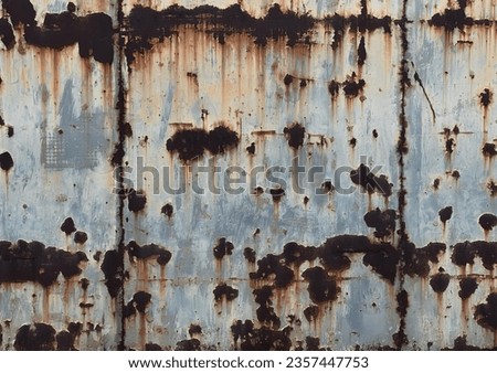 a photography of a rusted metal wall with a blue sky in the background, wrecked metal surface with rust and paint on it.