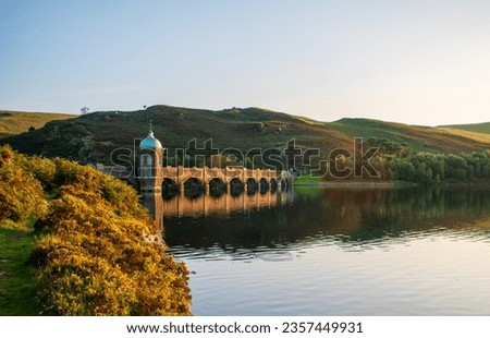 Crag coch Dam in the Elan Valley . Sunset on water