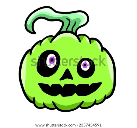 Digital illustration of a cartoon creepy green Halloween pumpkin