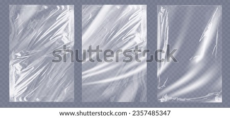 Collection transparant wrinkled plastic. Realistic mockup of clear polyethylene, crumpled elastic foil material isolated on transparent background. Vector illustration Royalty-Free Stock Photo #2357485347