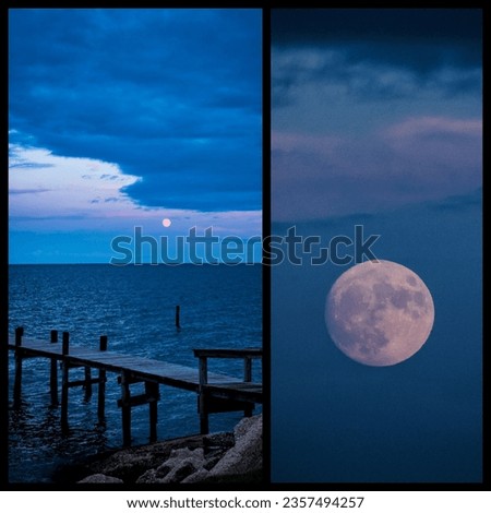 August 2023 blue moon rising over Chesapeake Bay, photo collage 