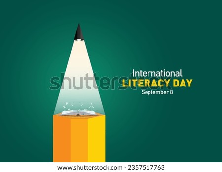 International Literacy Day Vector illustration of open book with alphabet letters and earth. Children education background or learning event concept. Royalty-Free Stock Photo #2357517763