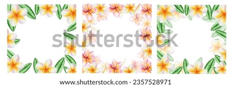 Watercolor set of frames realistic tropical illustration of plumeria flowers with leaves isolated on white background. Beautiful botanical hand painted frangipani clip art. For designers, spa decorati