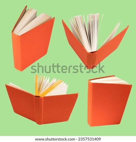 collection of various orange books isolated on green background. each one is shot separately.