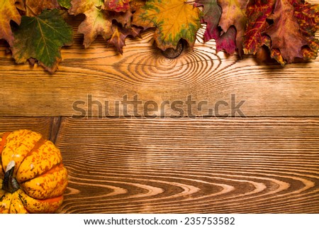 Autumn orange and yellow pumpkins on wooden table