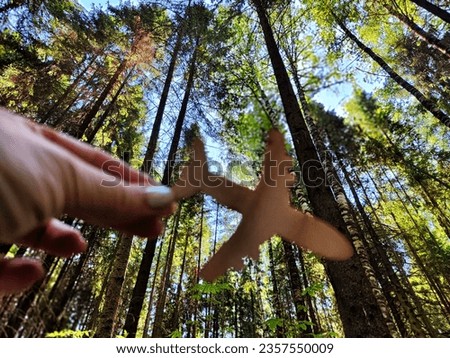 Hand holding toy wooden airplane plane and trees in forest background. Concept of flying on airplane, travel, leisure, adventure. Plane flying down because of crash. Blurred picture, partial focus