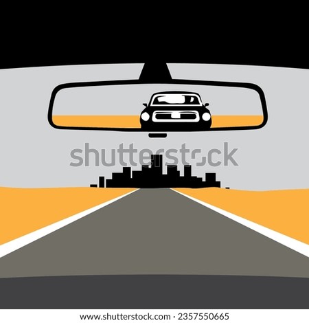 Reach The Future Driven Tense Car City Tomorrow Don't Look Back Rear-view mirror Asphalt Road Path Way Route Go Royalty-Free Stock Photo #2357550665