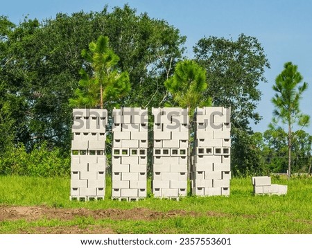 Neat stacks of concrete blocks in a vacant lot, once farmland or pastureland and now a likely site of construction, near trees in a suburban residential development on a sunny day in southwest Florida