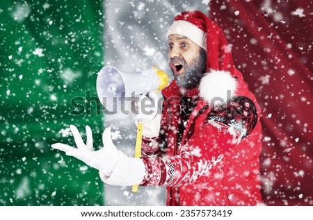 Santa Claus shouts into a bullhorn and shows an aggressive gesture with his hand against the background of the flag of Italy.