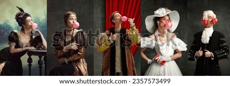 Young people medieval prince and princess in vintage costumes with bubble gum on dark retro background. Concept of comparison of eras, artwork, renaissance, baroque style. Creative collage. Royalty-Free Stock Photo #2357573499