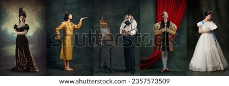 People, men and women in image of medieval royal person in vintage costumes on dark green background Concept of comparison of eras, artwork, renaissance, baroque style. Creative collage. Royalty-Free Stock Photo #2357573509