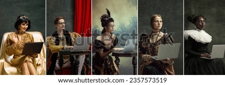 Beautiful medieval royal persons, men and women, queens and kings using gadgets, laptops on vintage background. Concept of comparison of eras, artwork, renaissance, baroque style. Creative collage. Royalty-Free Stock Photo #2357573519