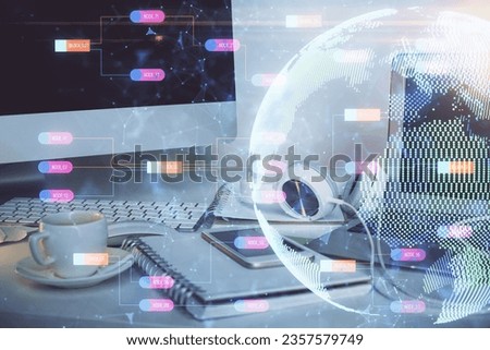 Multi exposure of table with computer and world map hologram. International data network concept.