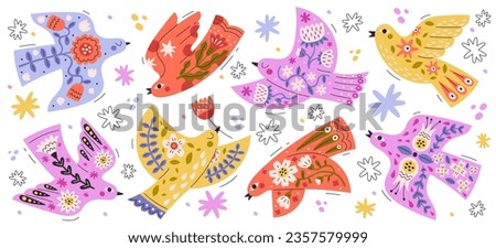 Folk art ornament pattern bird flying high, holding flower in beak vector illustration set. Ethnic traditional embroidery decorative symbol, nordic or scandinavian folklore decoration poultry design