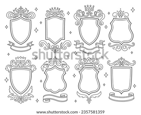 Different heraldic royal shield badge, vintage ornamental frame, decorative luxury border filigree linear design set. Retro ancient line emblem for coat of arms monochrome style vector illustration
