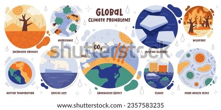 Global climate ecology problems. Increased drought, hurricane, melting glaciers, wildfire, hotter temperature, animal species lost, greenhouse effect, floods, more health risk vector illustration
