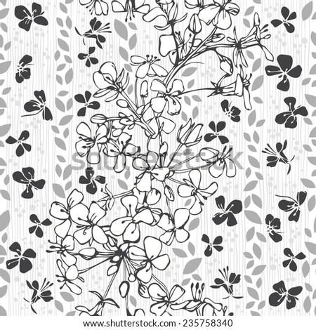 Floral abstract  seamless pattern. Hand-drawn black and white vector illustration.