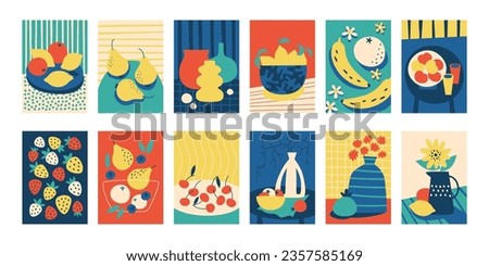 Modern still life paintings with different fruits, flower, utensils colorful interior backgrounds isolated set. Creative colored cover, picture, poster and wallpaper vector illustration drawing style Royalty-Free Stock Photo #2357585169