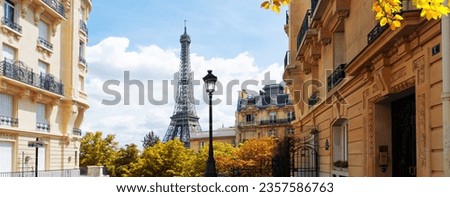 famous Eiffel Tower landmark and Paris fall street, Paris at autumn, France