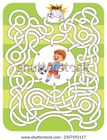 Boy is playing soccer on soccer field. Help him find right path in maze. Children logic game to pass the maze. Educational game for kids. Attention task. Choose right path. Funny cartoon character Royalty-Free Stock Photo #2357592117