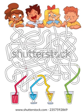 Children logic game to pass maze. Kids drink cocktails. Color straws and find out whose cocktail. Educational game for kids. Attention task. Choose right path. Funny cartoon character. Worksheet page Royalty-Free Stock Photo #2357592869
